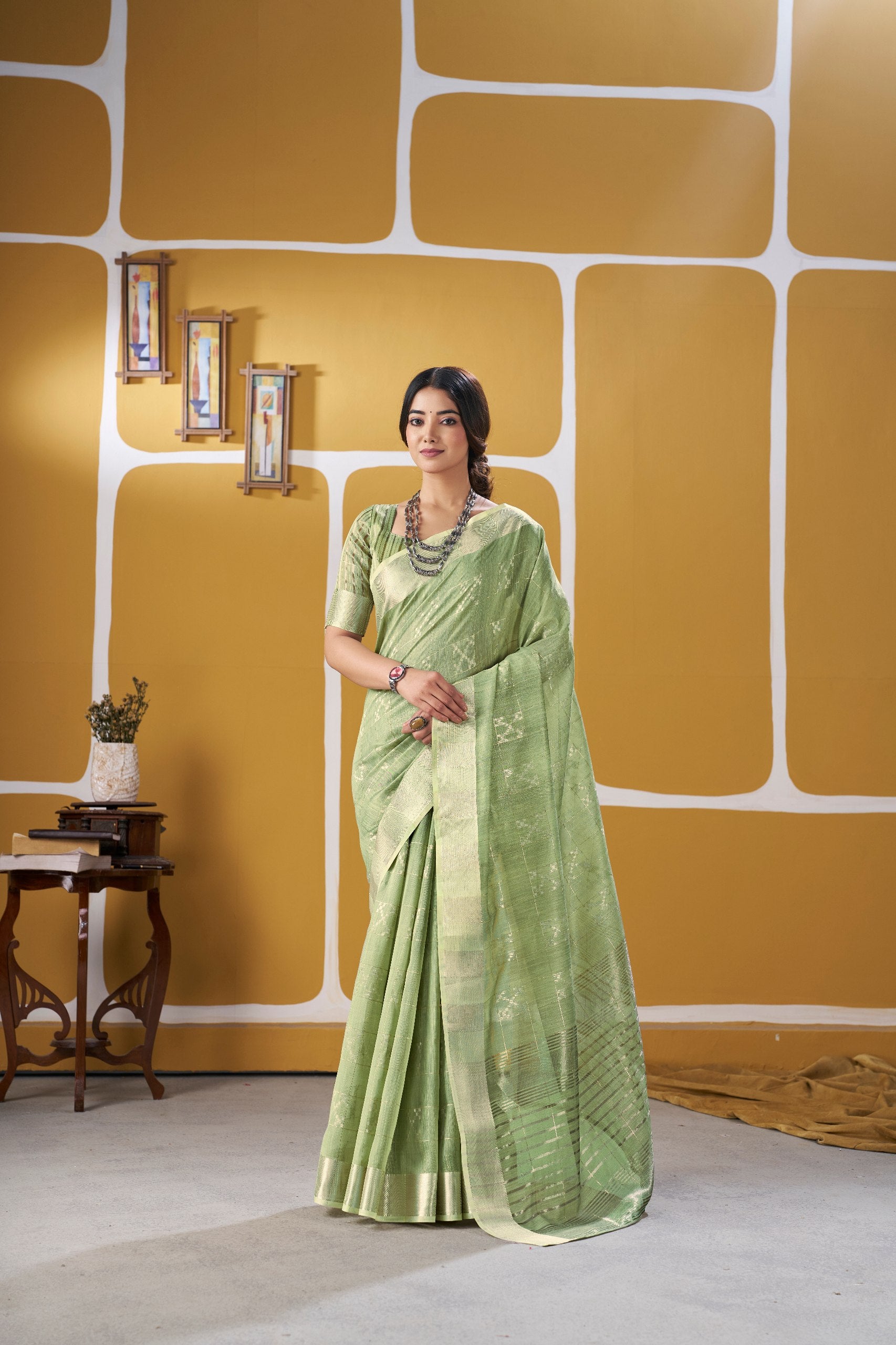 Pastel Pistachio Green Banarasi Silk Saree with Silver Zari Weaving