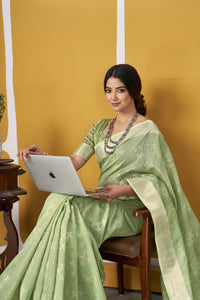 Pastel Pistachio Green Banarasi Silk Saree with Silver Zari Weaving
