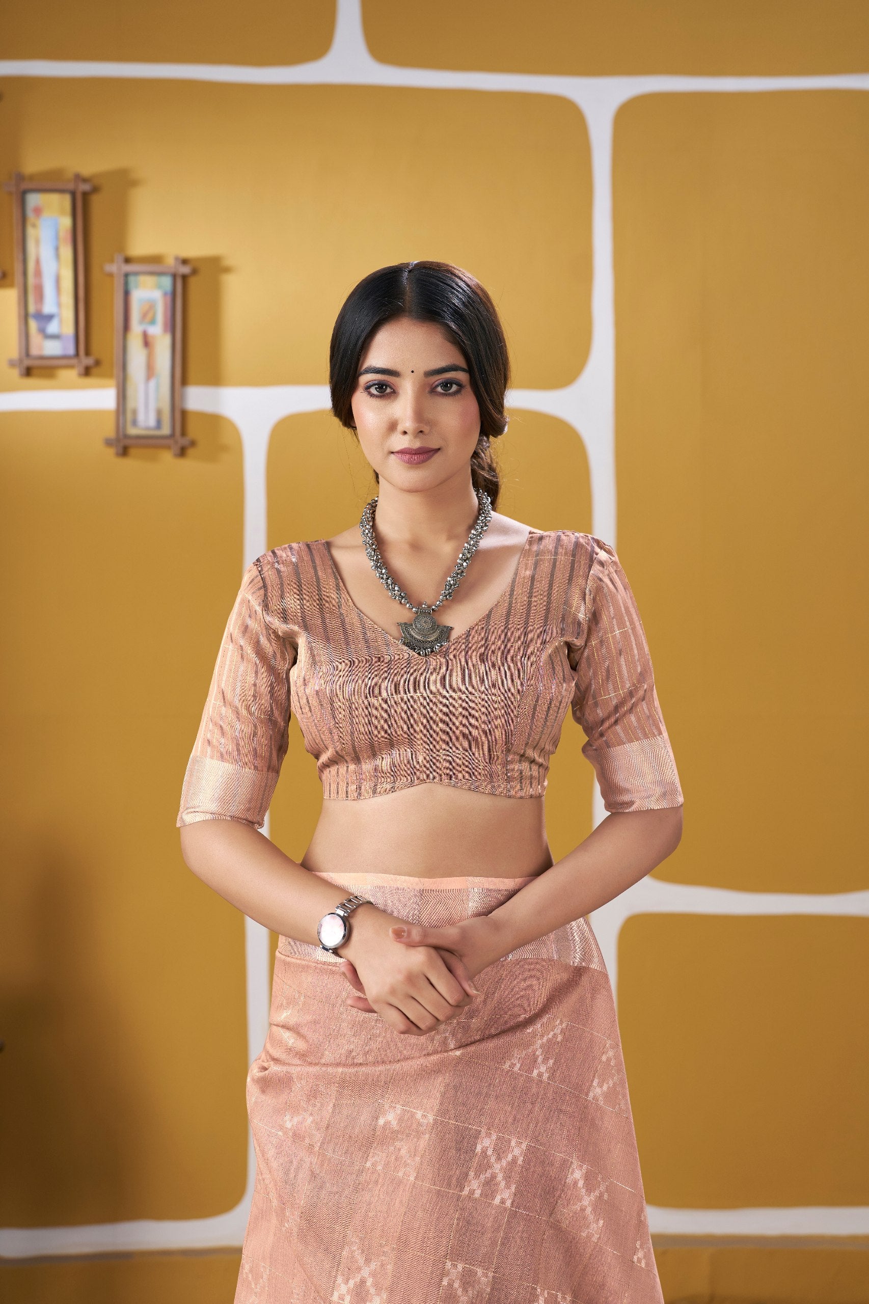 Blush Rose Gold Banarasi Silk Saree with Metallic Zari Weaving