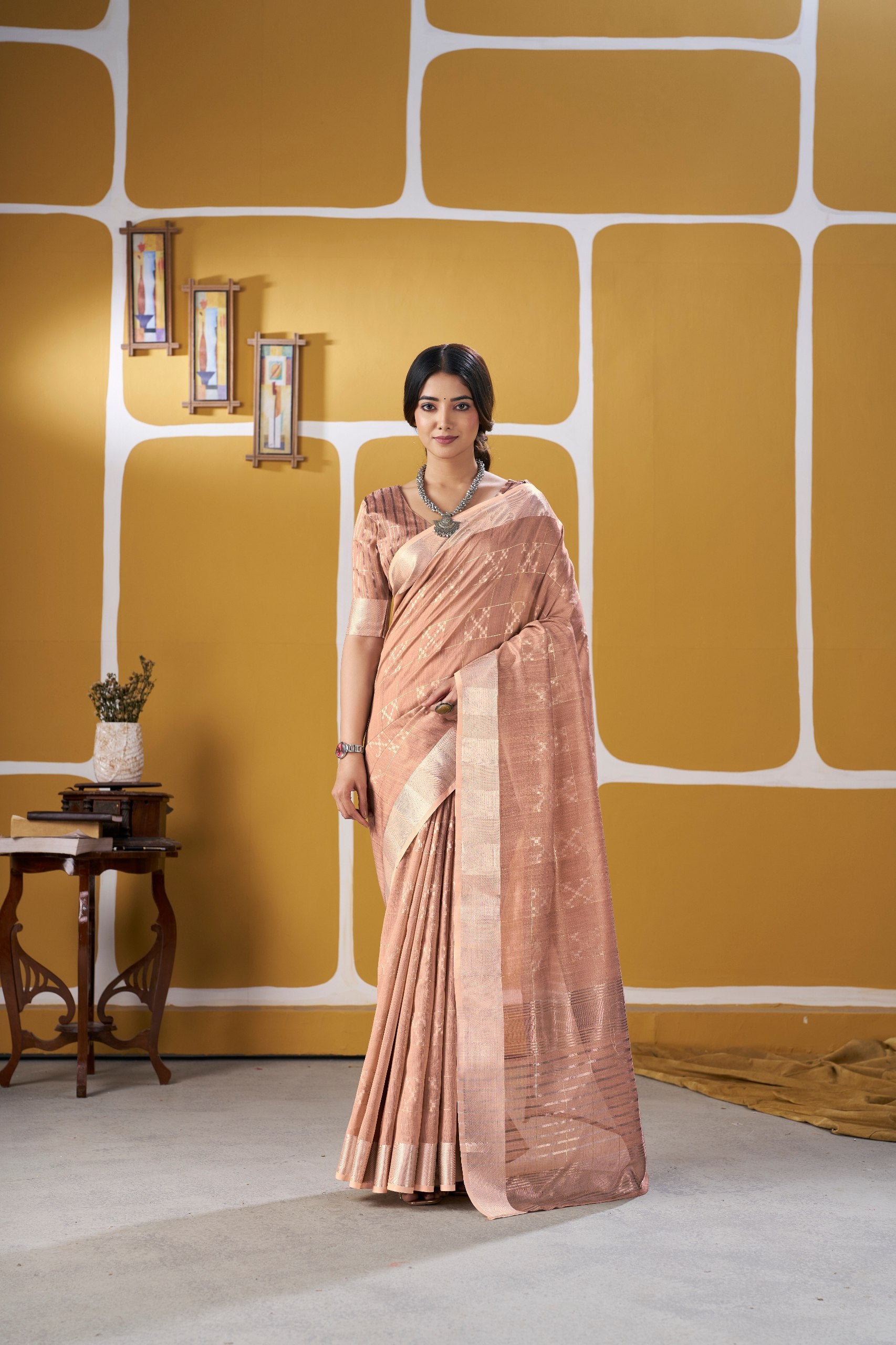 Blush Rose Gold Banarasi Silk Saree with Metallic Zari Weaving