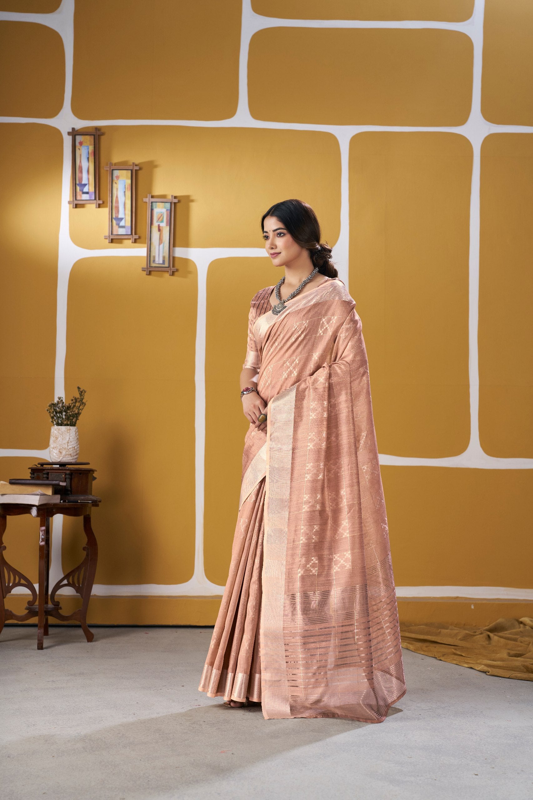 Blush Rose Gold Banarasi Silk Saree with Metallic Zari Weaving