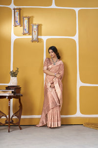 Blush Rose Gold Banarasi Silk Saree with Metallic Zari Weaving