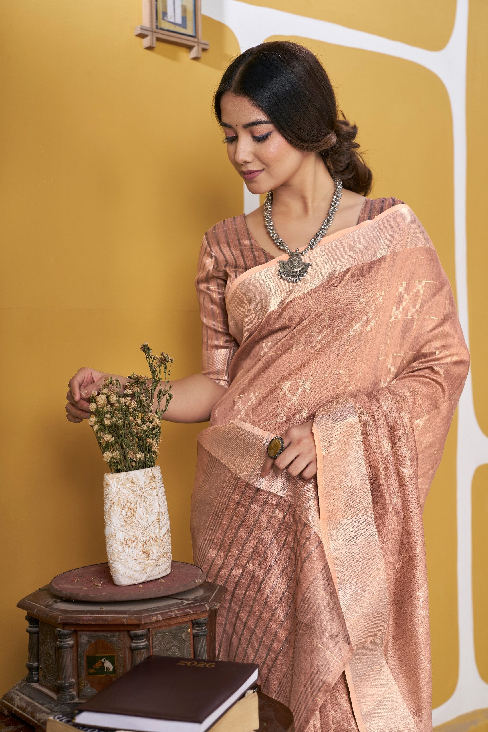 Blush Rose Gold Banarasi Silk Saree with Metallic Zari Weaving