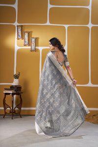Smoky Grey Banarasi Silk Saree with Silver Zari Weaving