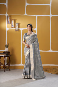 Smoky Grey Banarasi Silk Saree with Silver Zari Weaving