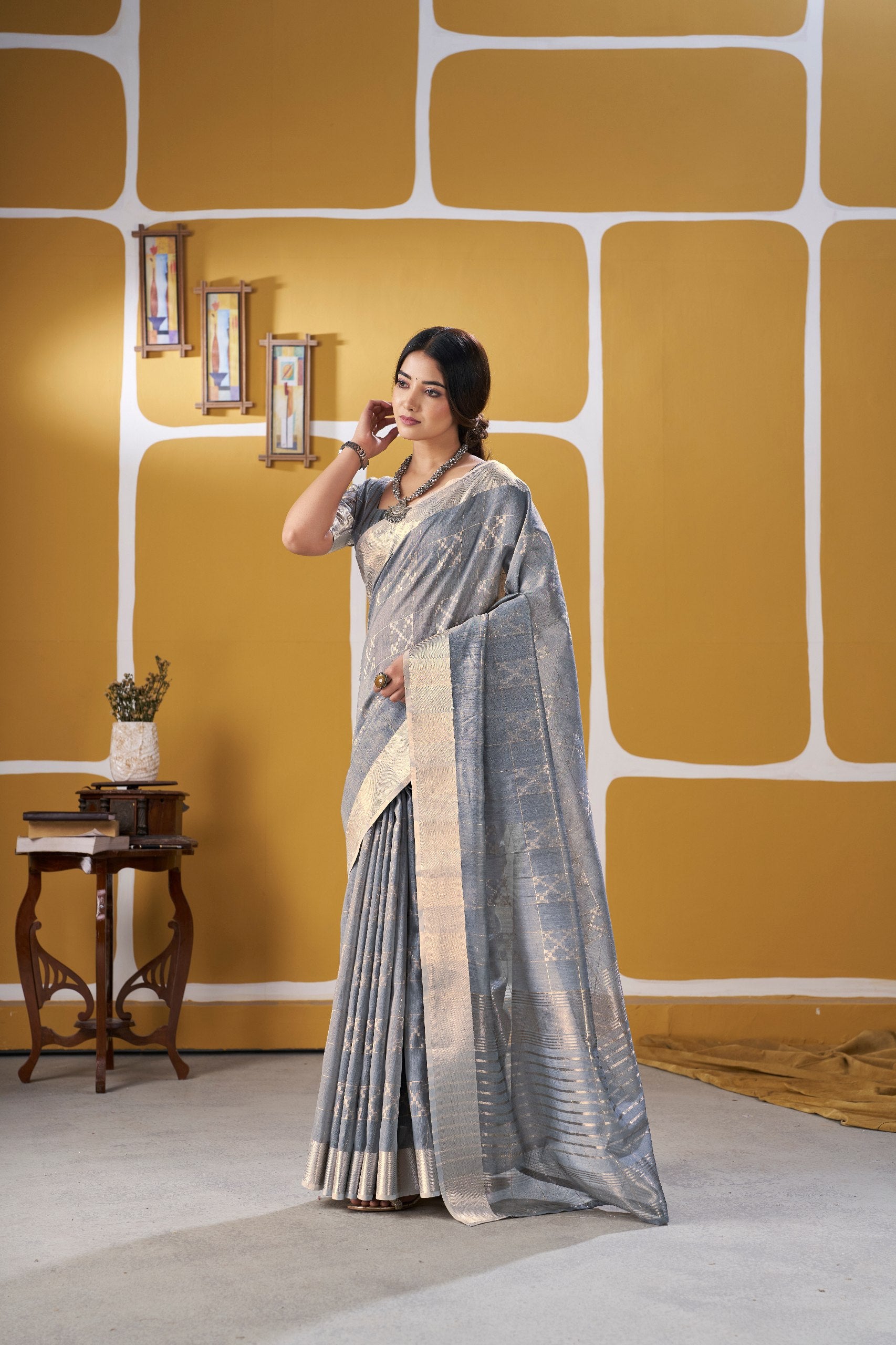 Smoky Grey Banarasi Silk Saree with Silver Zari Weaving