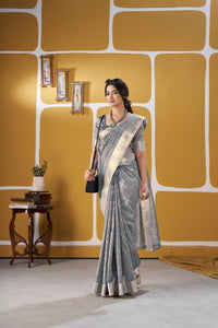 Smoky Grey Banarasi Silk Saree with Silver Zari Weaving