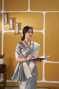 Smoky Grey Banarasi Silk Saree with Silver Zari Weaving