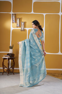 Sky Blue Banarasi Silk Saree with Silver Zari Weaving