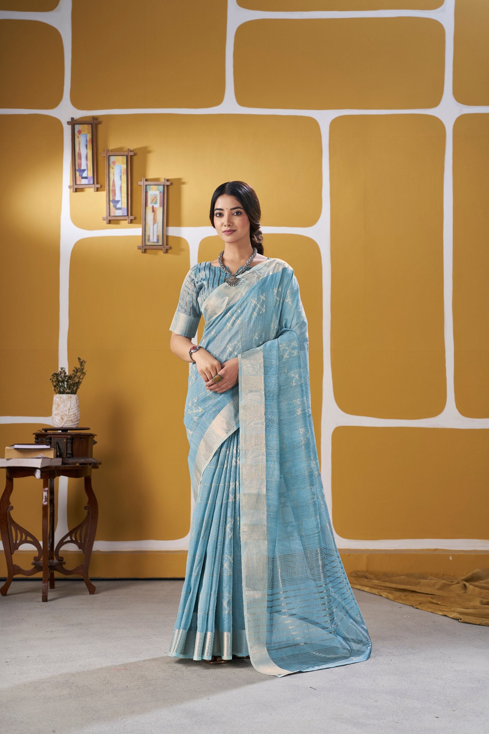 Sky Blue Banarasi Silk Saree with Silver Zari Weaving