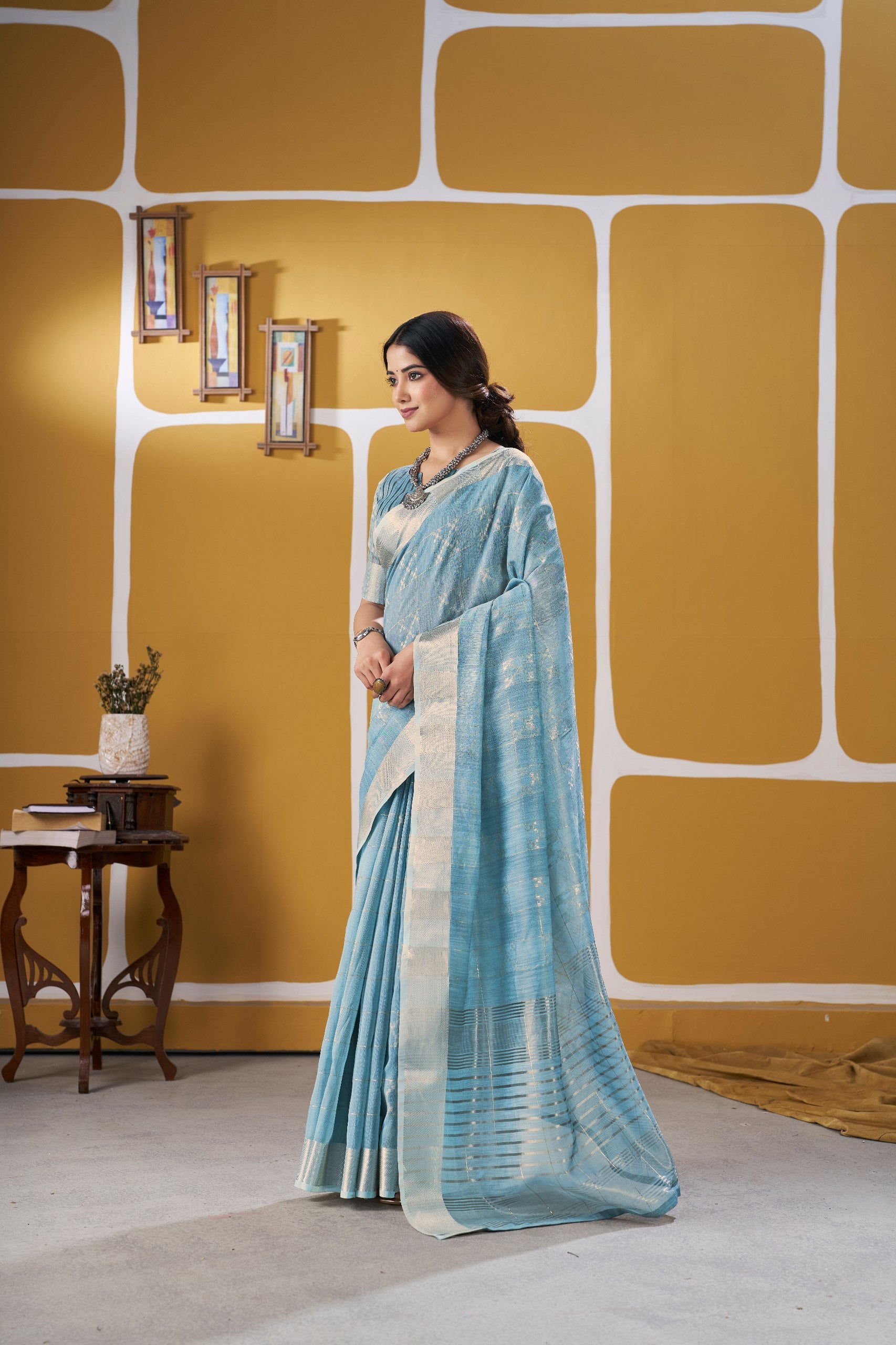 Sky Blue Banarasi Silk Saree with Silver Zari Weaving