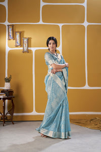 Sky Blue Banarasi Silk Saree with Silver Zari Weaving