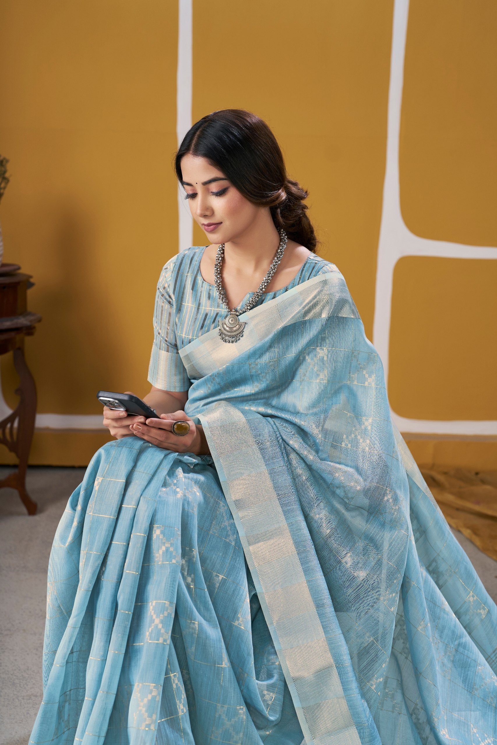Sky Blue Banarasi Silk Saree with Silver Zari Weaving