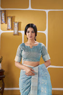Sky Blue Banarasi Silk Saree with Silver Zari Weaving