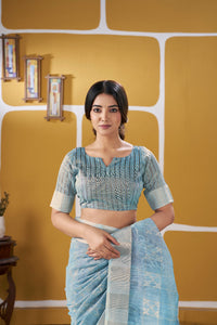 Sky Blue Banarasi Silk Saree with Silver Zari Weaving