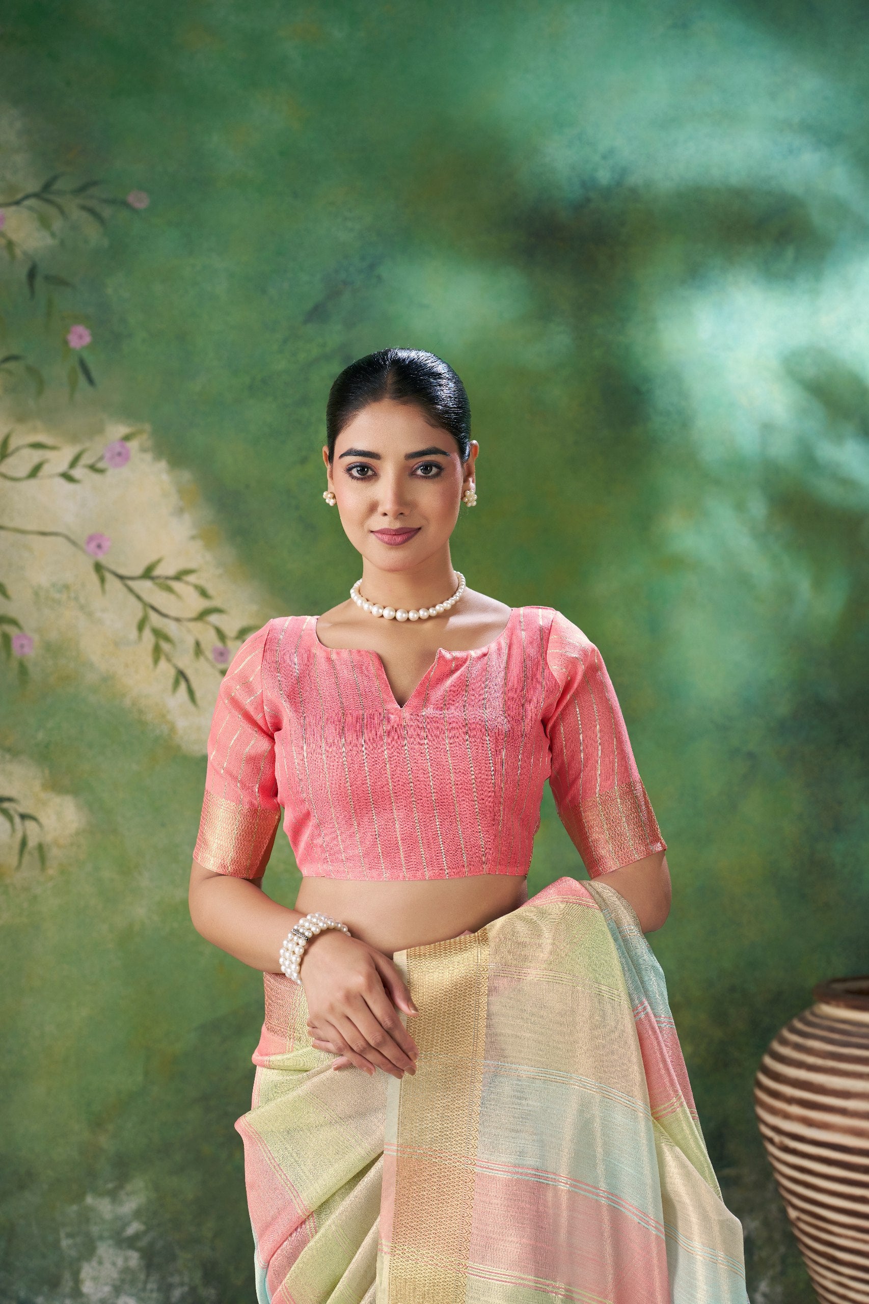 Blush Pink Pastel Banarasi Silk Saree with Golden Zari Elegance