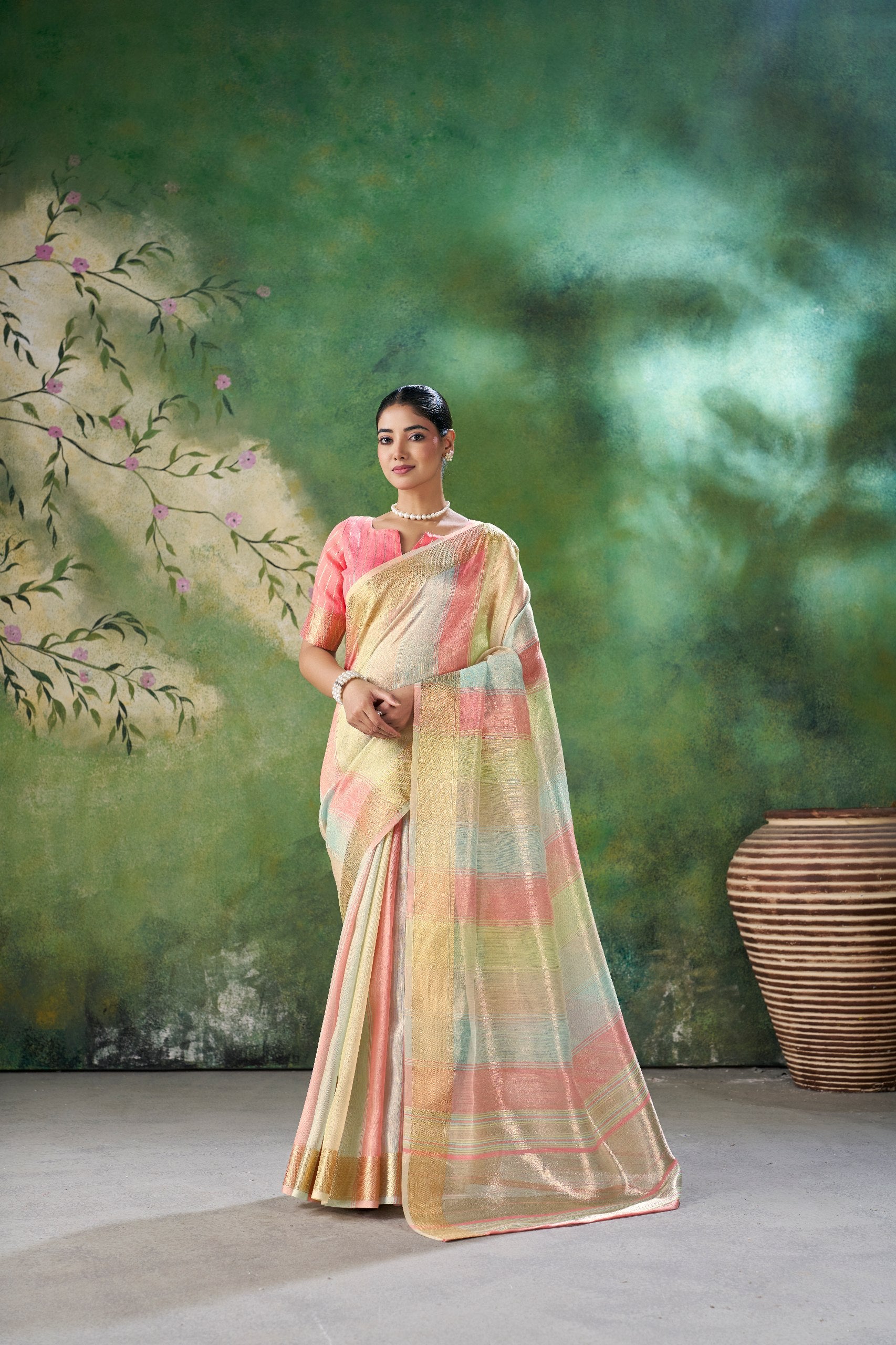 Blush Pink Pastel Banarasi Silk Saree with Golden Zari Elegance
