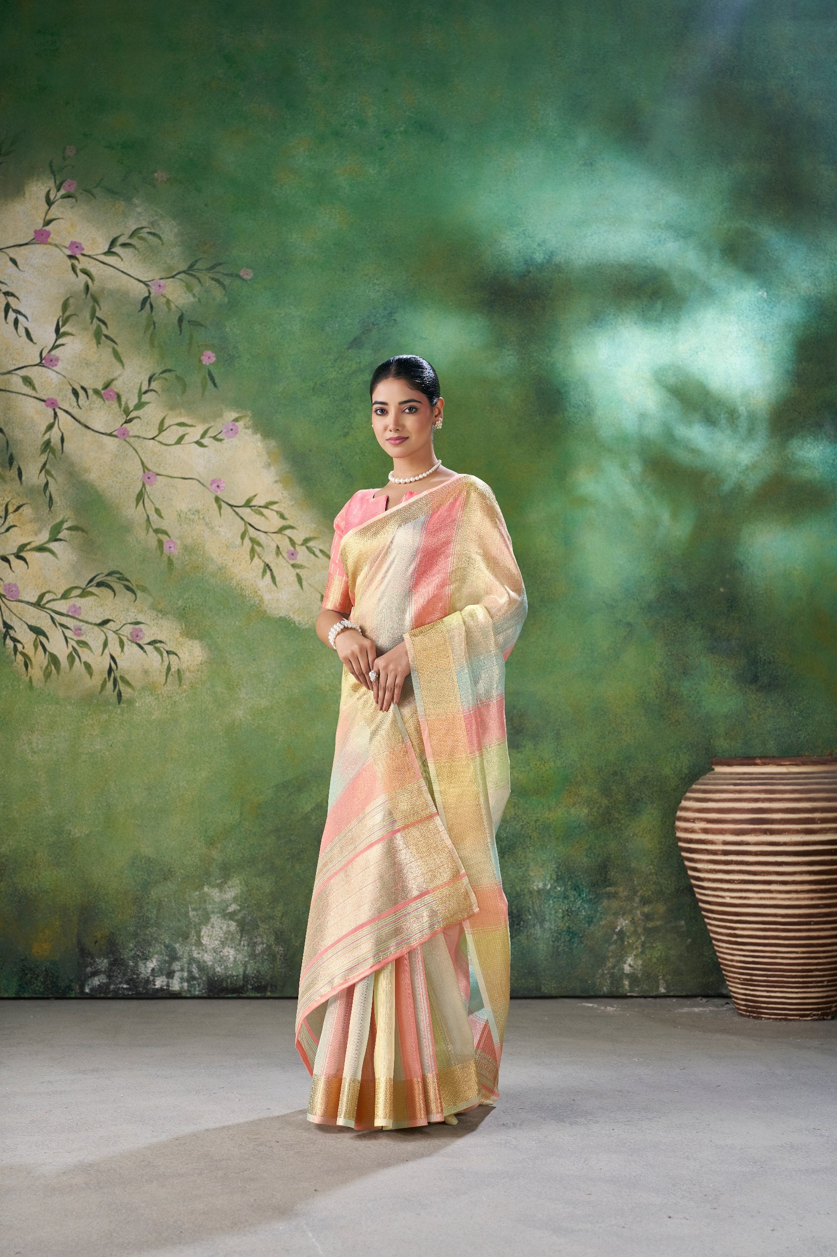 Blush Pink Pastel Banarasi Silk Saree with Golden Zari Elegance