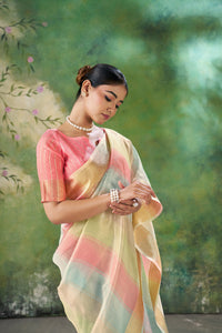 Blush Pink Pastel Banarasi Silk Saree with Golden Zari Elegance