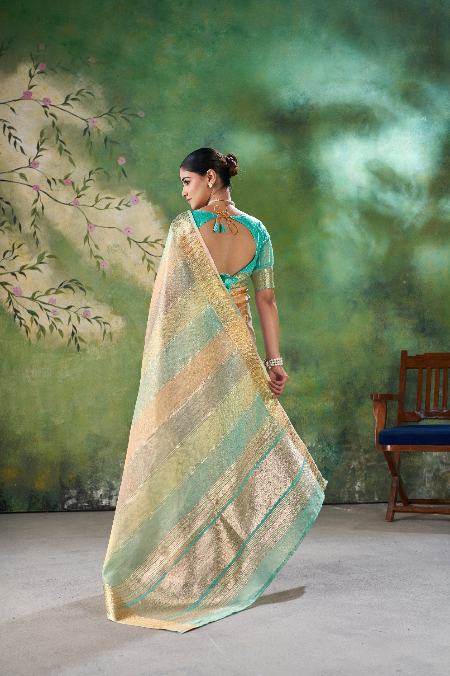 Mint Green Banarasi Silk Saree with Pastel Golden Zari Weaving