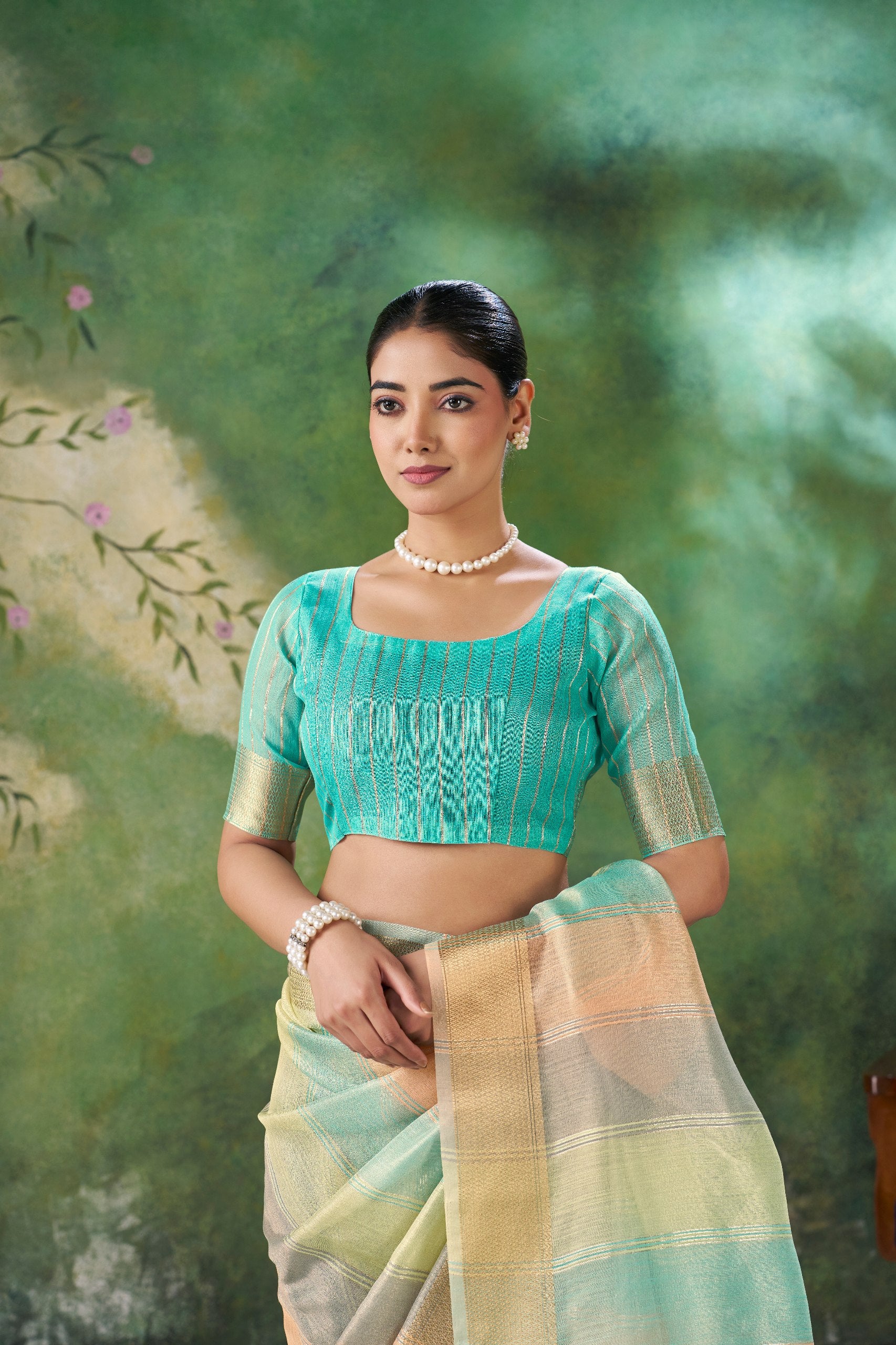 Mint Green Banarasi Silk Saree with Pastel Golden Zari Weaving