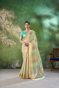 Mint Green Banarasi Silk Saree with Pastel Golden Zari Weaving