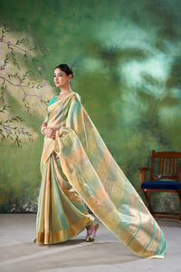 Mint Green Banarasi Silk Saree with Pastel Golden Zari Weaving
