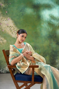 Mint Green Banarasi Silk Saree with Pastel Golden Zari Weaving