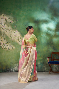 Rose Pink Pastel Banarasi Silk Saree with Multicolor Zari Weaving