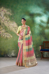 Rose Pink Pastel Banarasi Silk Saree with Multicolor Zari Weaving