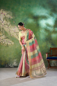 Rose Pink Pastel Banarasi Silk Saree with Multicolor Zari Weaving