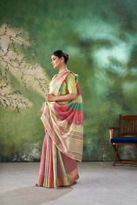 Rose Pink Pastel Banarasi Silk Saree with Multicolor Zari Weaving