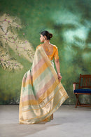 Mint Pastel Banarasi Silk Saree with Golden Zari Stripes