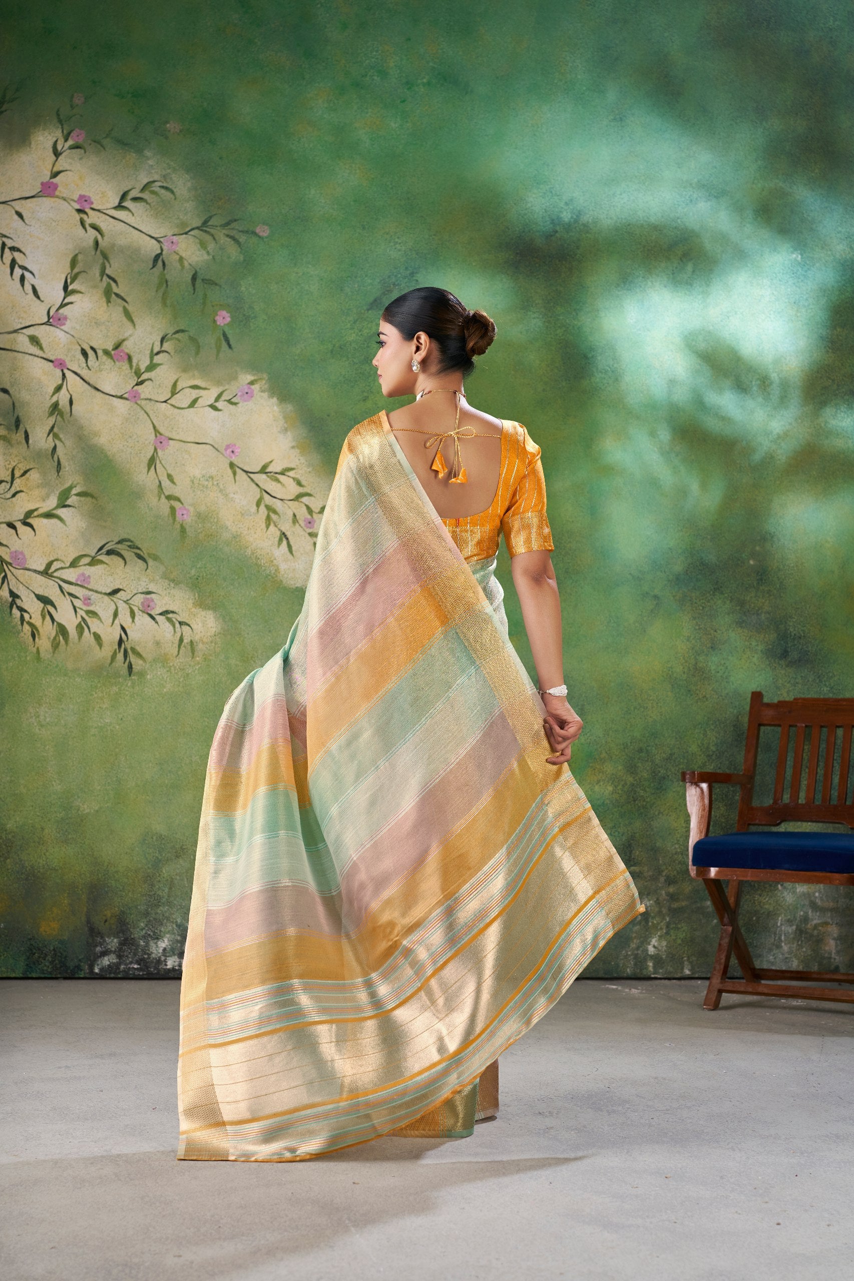 Mint Pastel Banarasi Silk Saree with Golden Zari Stripes