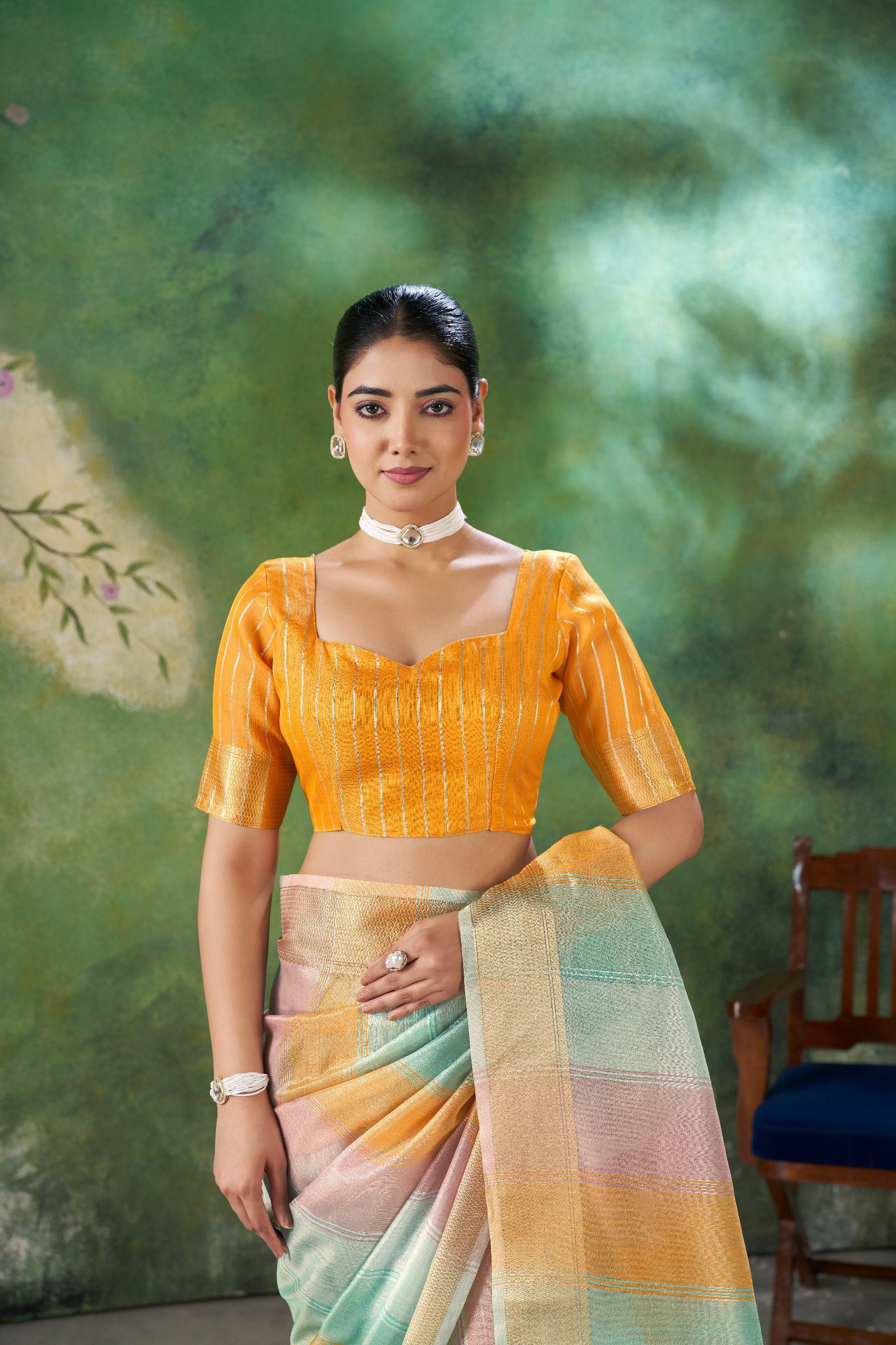 Mint Pastel Banarasi Silk Saree with Golden Zari Stripes