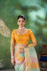 Mint Pastel Banarasi Silk Saree with Golden Zari Stripes