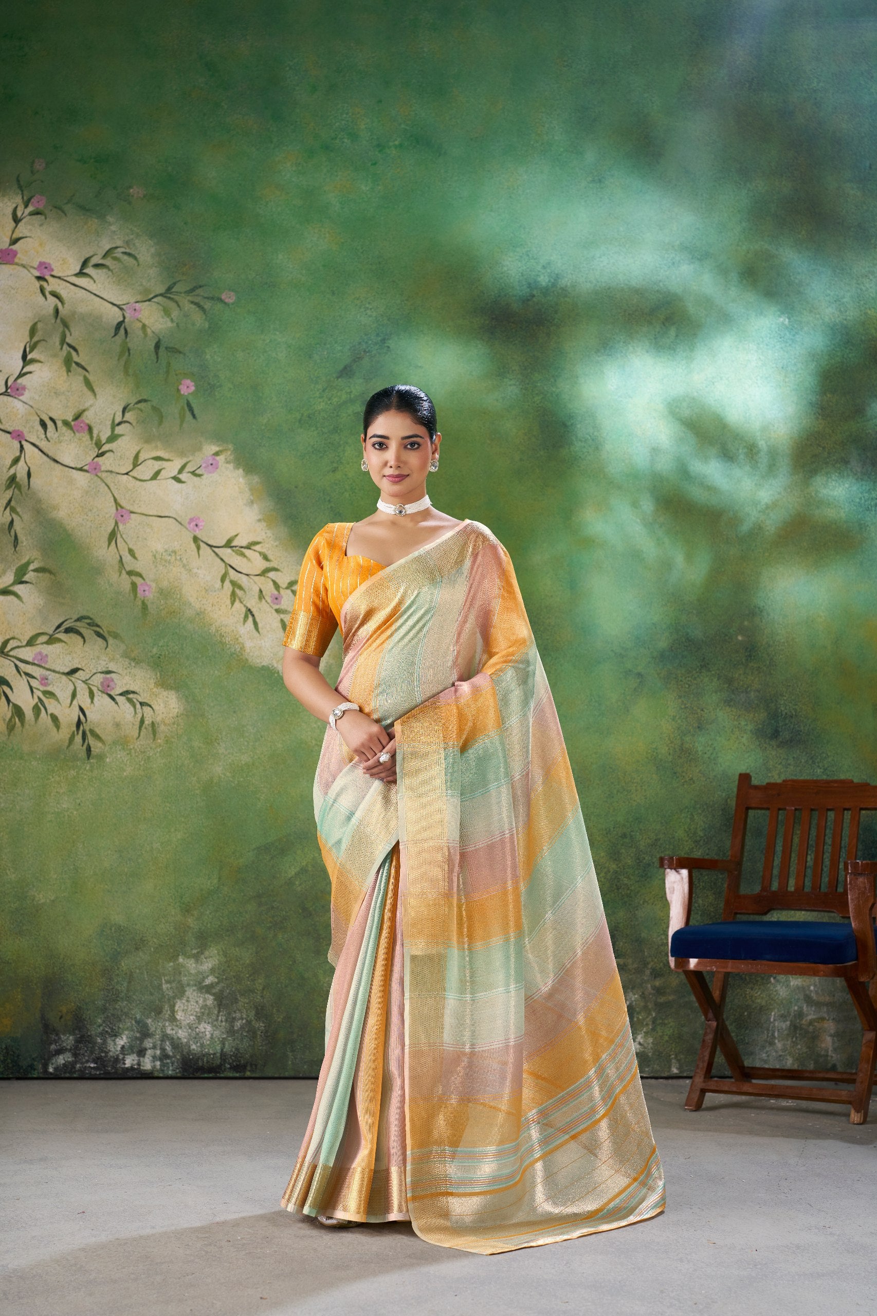 Mint Pastel Banarasi Silk Saree with Golden Zari Stripes