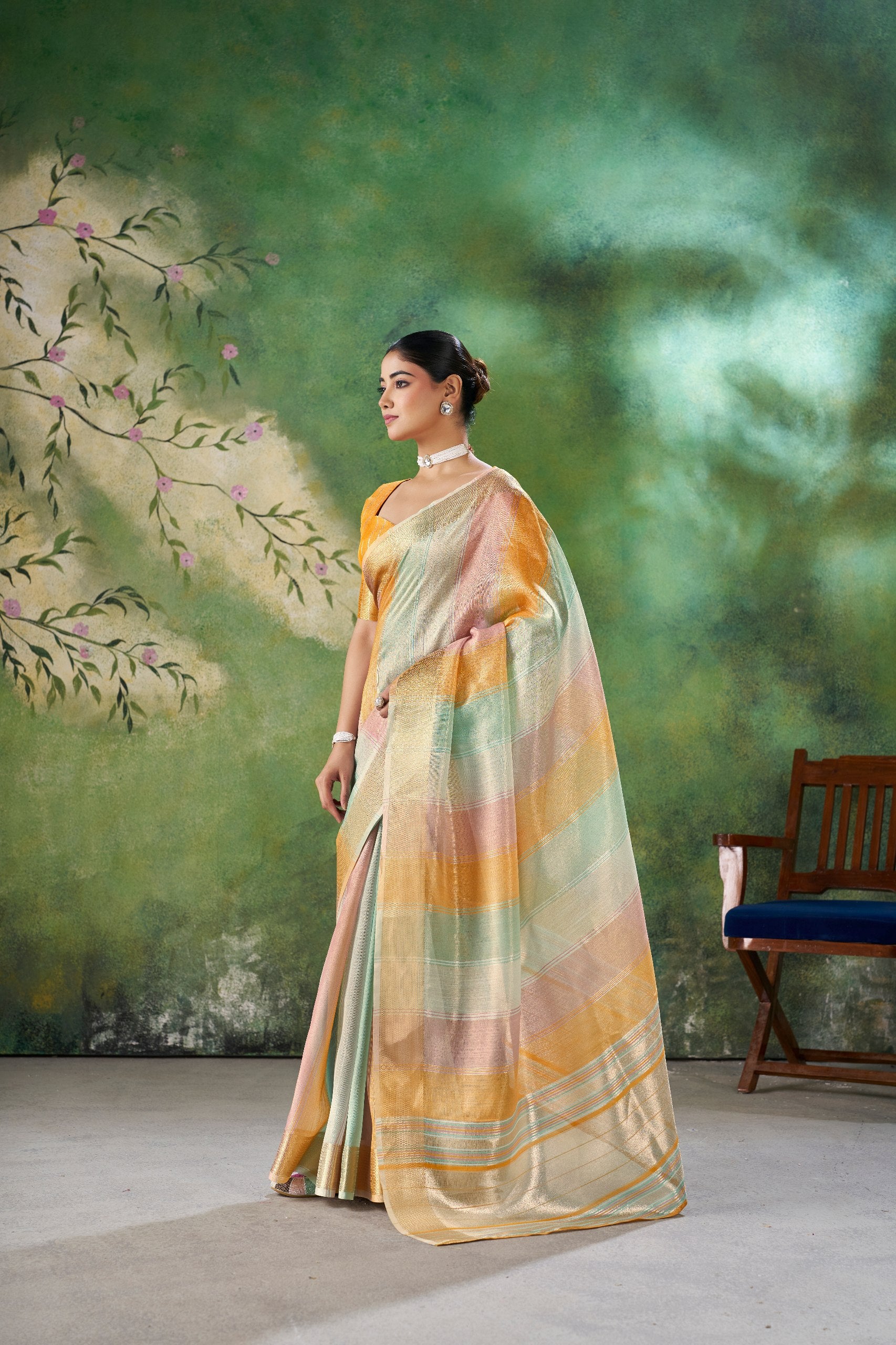 Mint Pastel Banarasi Silk Saree with Golden Zari Stripes