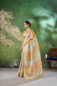Mint Pastel Banarasi Silk Saree with Golden Zari Stripes