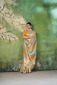Mint Pastel Banarasi Silk Saree with Golden Zari Stripes