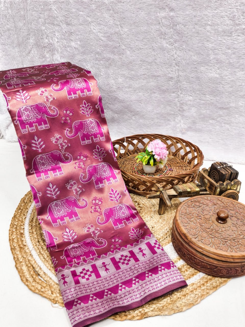 Elegant Rose Pink & Magenta Elephant Printed Silk Saree