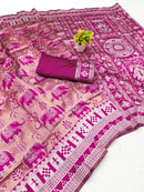 Elegant Rose Pink & Magenta Elephant Printed Silk Saree