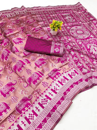 Elegant Rose Pink & Magenta Elephant Printed Silk Saree