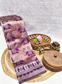 Elegant Blush Pink & Magenta Elephant Printed Silk Saree
