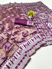 Elegant Blush Pink & Magenta Elephant Printed Silk Saree