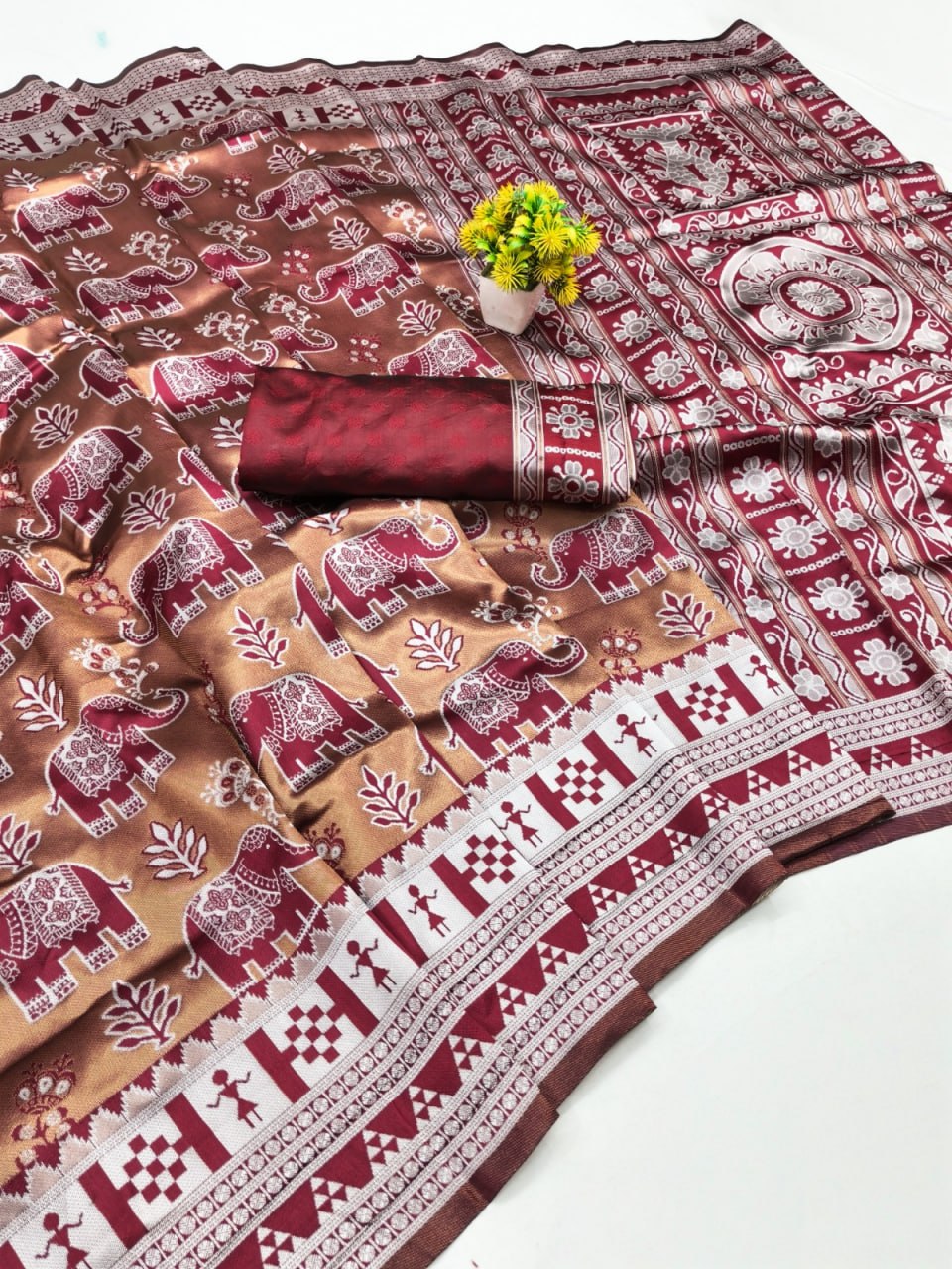 Elegant Rose Gold & Wine Elephant Printed Silk Saree