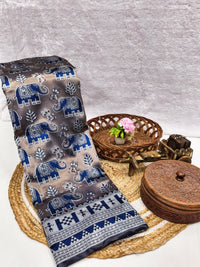 Elegant Taupe & Royal Blue Elephant Printed Silk Saree