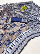 Elegant Taupe & Royal Blue Elephant Printed Silk Saree