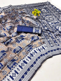 Elegant Taupe & Royal Blue Elephant Printed Silk Saree