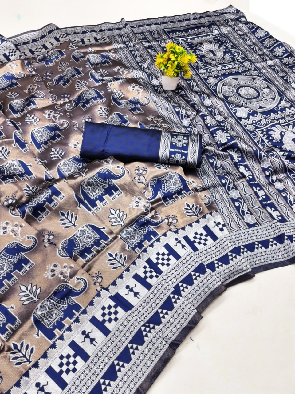 Elegant Taupe & Royal Blue Elephant Printed Silk Saree